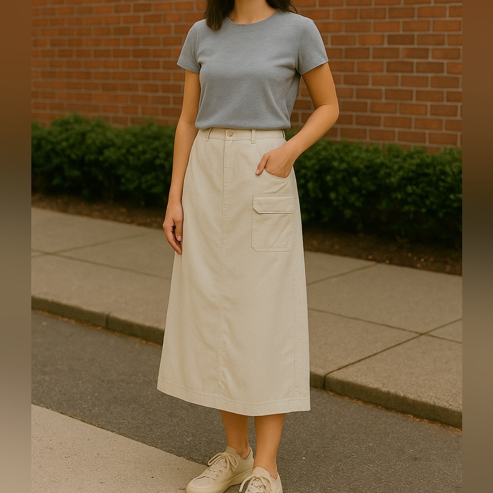 Eddie Bauer‎ Womens Cargo Maxi Skirt Size 14 100% Cotton Utility Oatmeal Beige